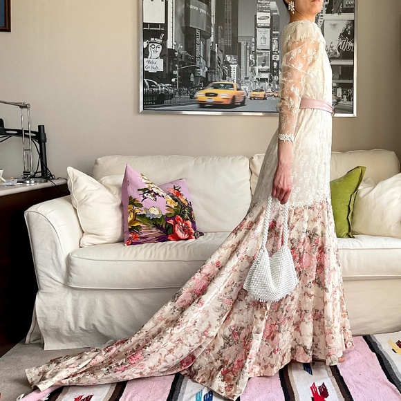 Drop waist/mermaid  floral skirt lace bodice wedding dress/evening gown - Picture 7 of 17